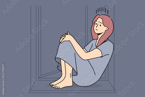 Unhappy woman sit on windowsill suffer from loneliness or solitude. Upset sad girl struggle with depression or mental psychological problems. Vector illustration. 