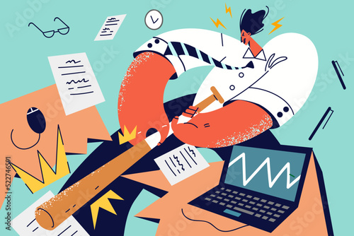 Furious businessman crash office desk