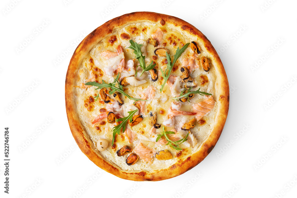 Pizza with salmon, arugula, mussels, blue cheese and other types of cheese