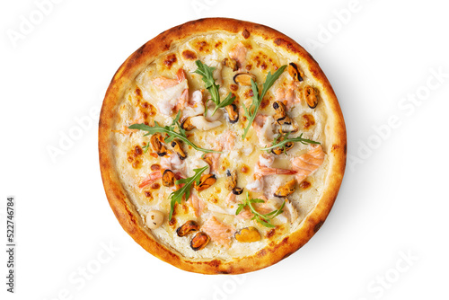 Pizza with salmon, arugula, mussels, blue cheese and other types of cheese