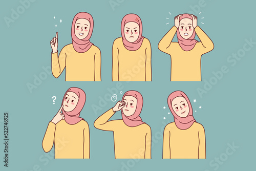 Set of young woman in hijab. Collection of Muslim female in traditional clothes showing different emotions. Vector illustration. 