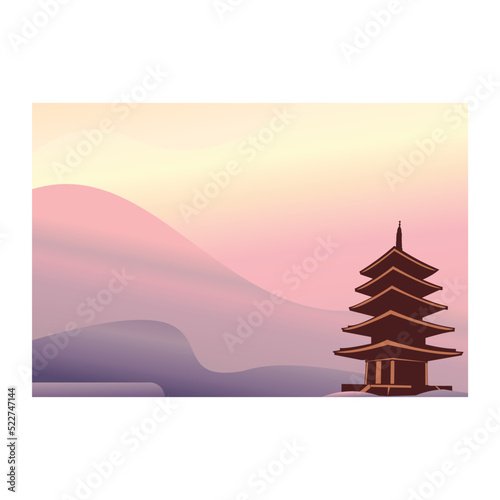 vector illustration of pagoda temple with pastel color background. holy place in mountain.