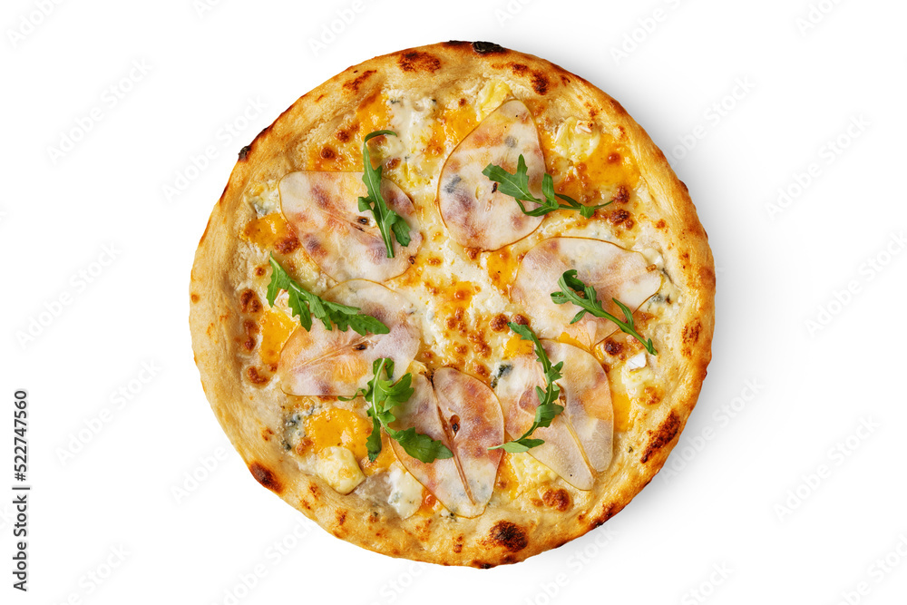 Pizza with pear, arugula, egg and cheese