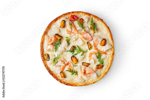 Pizza with salmon, mussels, squid, arugula and cheese
