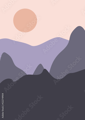 Abstract contemporary background landscape with sunrise. Earth tones. Mid century modern minimalist art print. Modern aesthetic boho design wallpaper, card, template. eps 10. Flat illustration