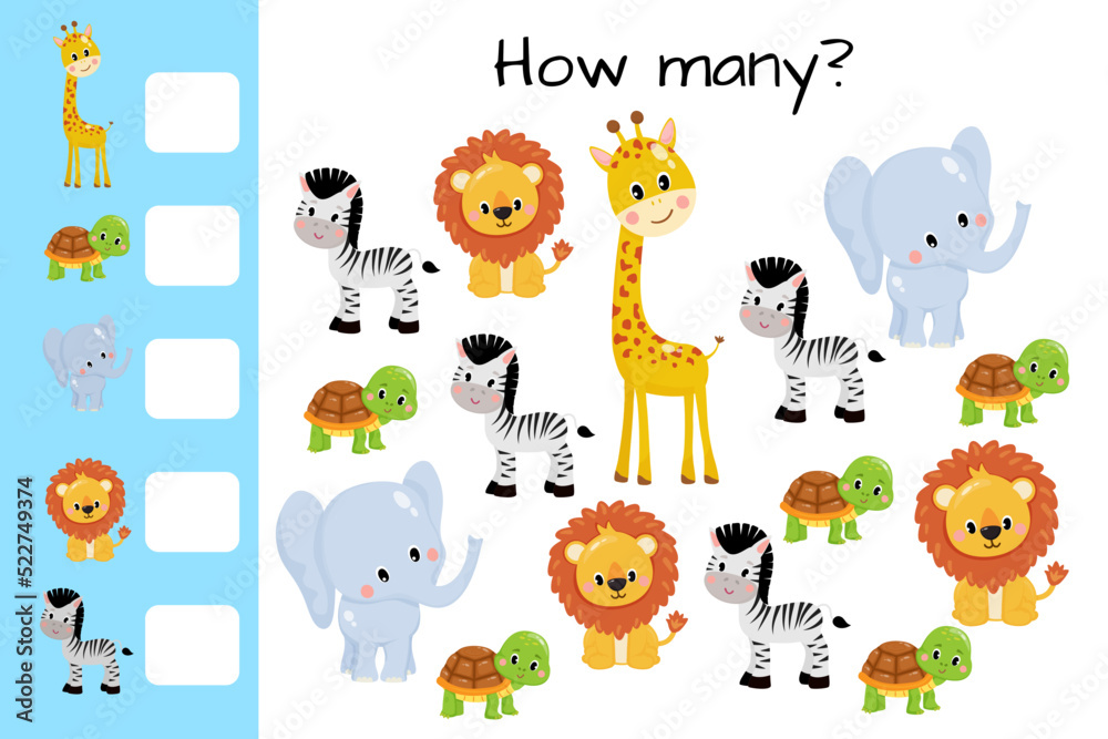Counting game, count zoo animals and write result. Kids educational logic game. Educational printable math worksheet. Vector illustration isolated on white background.