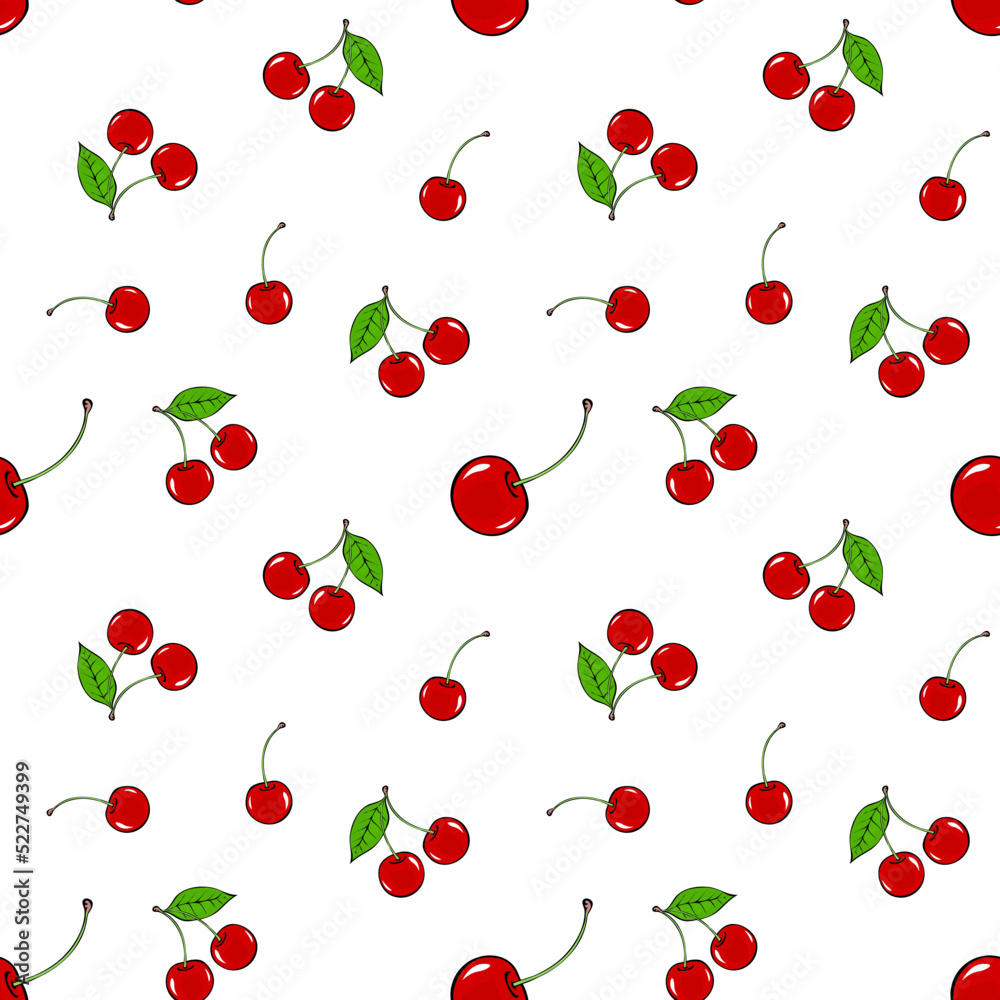 Cherry seamless pattern. Red berries with a leaf. Sweet tasty berry. Healthy food. Design texture for fabric, textile, postcard, label, packaging. Vector art illustration on white background Cherry seamless pattern. Red berries with a leaf. Sweet tasty berry. Healthy food. Design texture for fabric, textile, postcard, label, packaging. Vector art illustration on white background