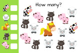 Counting game, count farm animals and write result. Kids educational logic game. Educational printable math worksheet. Vector illustration isolated on white background.