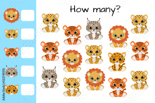 Fototapeta Naklejka Na Ścianę i Meble -  Counting game, count big cats and write result. Kids educational logic game. Educational printable math worksheet. Vector illustration isolated on white background.
