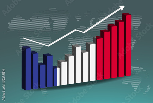 France 3D bar chart graph with ups and downs, increasing values, upward rising arrow on data, news banner idea