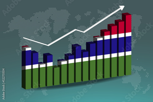 Gambia 3D bar chart graph with ups and downs, increasing values, upward rising arrow on data, news banner idea