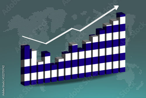 Greece 3D bar chart graph with ups and downs, increasing values, upward rising arrow on data, news banner idea