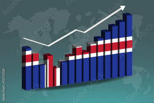 Iceland 3D bar chart graph with ups and downs, increasing values, upward rising arrow on data, news banner idea