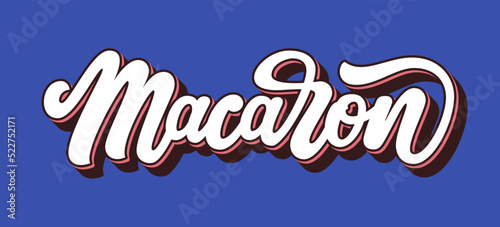 Vector illustration of Macaron French patisserie logo. Hand lettering typography isolated on blue background. Design for pastry shop, café. Badge, icon, label, sticker, emblem, gift box, packaging