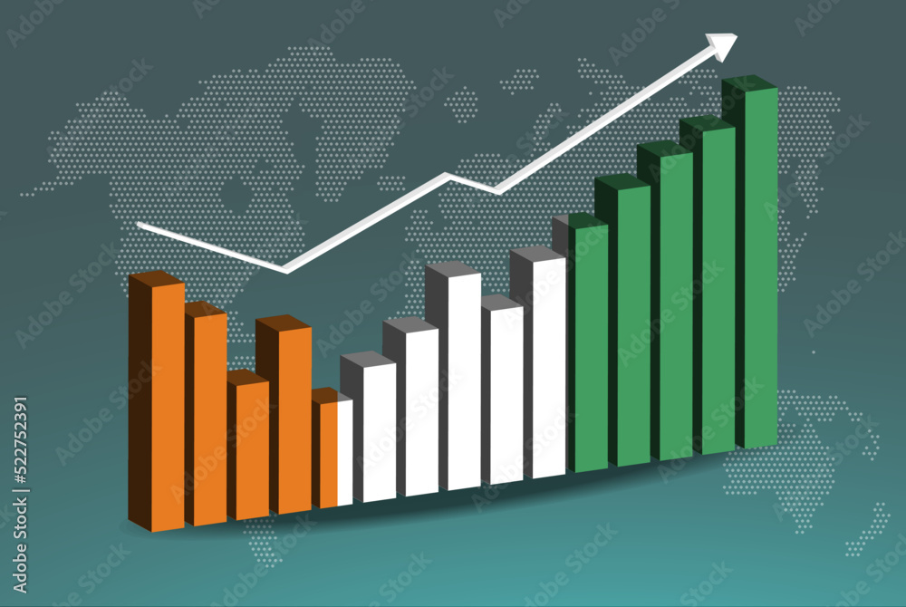 Ivory Coast 3D bar chart graph with ups and downs, increasing values, upward rising arrow on data, news banner idea Ivory Coast 3D bar chart graph with ups and downs, increasing values, upward rising arrow on data, news banner idea