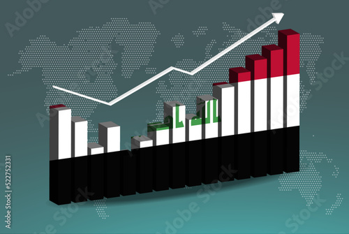 Iraq 3D bar chart graph with ups and downs, increasing values, upward rising arrow on data, news banner idea
