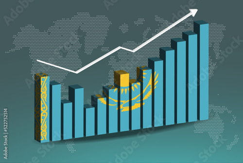 Kazakhstan 3D bar chart graph with ups and downs, increasing values, upward rising arrow on data, news banner idea