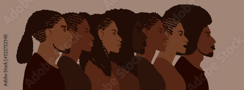 Group of african american people with differnt afro hair styles. Man and woman crowd illustration.