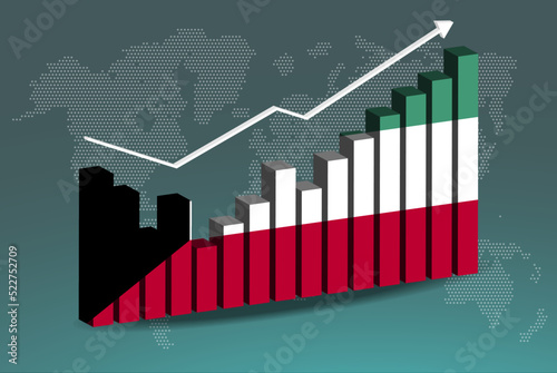 Kuwait 3D bar chart graph with ups and downs, increasing values, upward rising arrow on data, news banner idea
