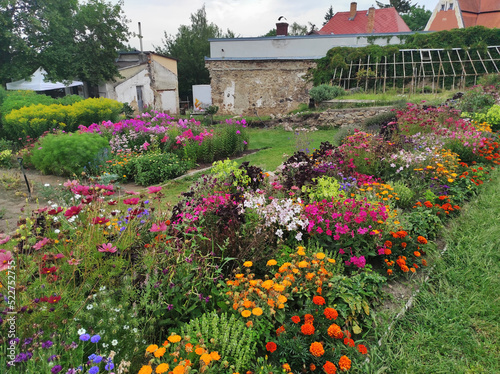 garden with flowers and glasshouse