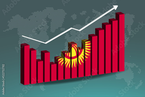 Kyrgyzstan 3D bar chart graph with ups and downs, increasing values, upward rising arrow on data, news banner idea