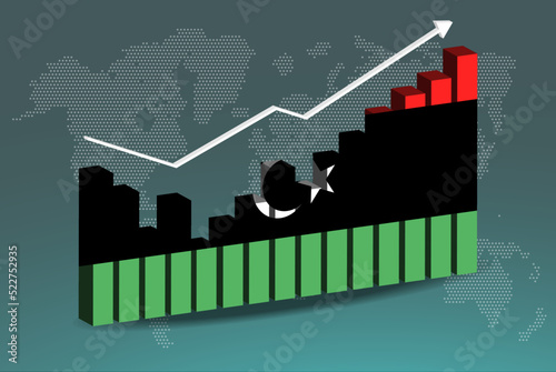 Libya 3D bar chart graph with ups and downs, increasing values, upward rising arrow on data, news banner idea