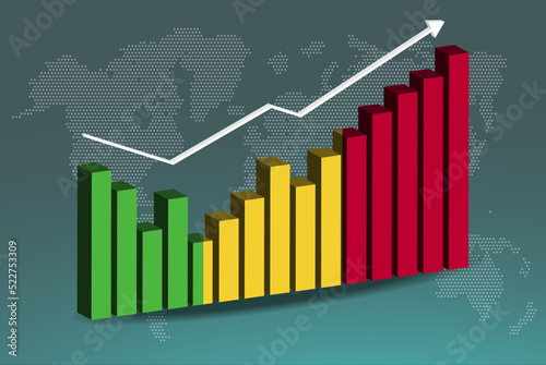 Mali 3D bar chart graph with ups and downs, increasing values, upward rising arrow on data, news banner idea