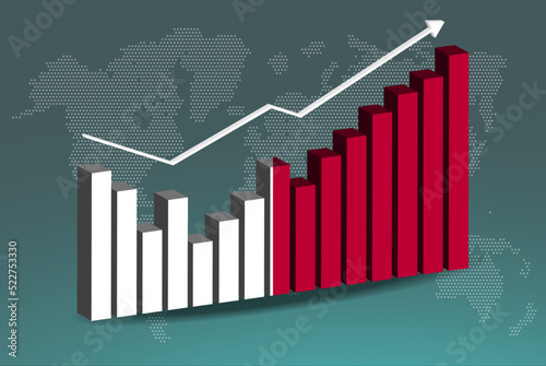Malta 3D bar chart graph with ups and downs, increasing values, upward rising arrow on data, news banner idea