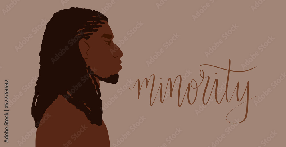 Afrian american man with long hair. Minority handwritten lettering