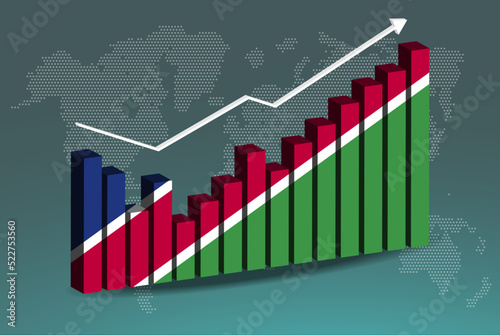 Namibia 3D bar chart graph with ups and downs, increasing values, upward rising arrow on data, news banner idea