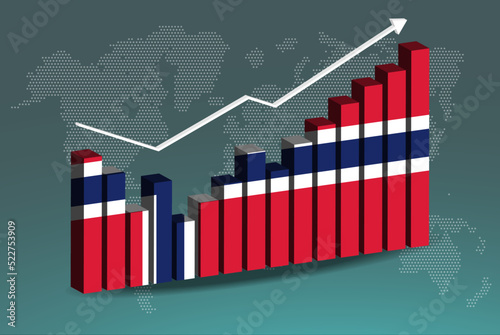 Norway 3D bar chart graph with ups and downs, increasing values, upward rising arrow on data, news banner idea