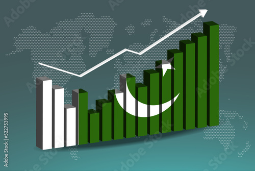 Pakistan 3D bar chart graph with ups and downs, increasing values, upward rising arrow on data, news banner idea