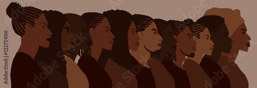 Group of african american people with differnt afro hair styles. Man and woman crowd illustration.