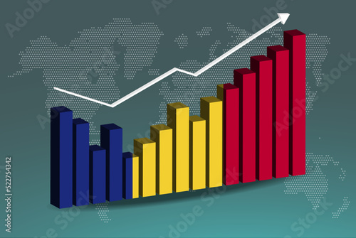 Romania 3D bar chart graph with ups and downs, increasing values, upward rising arrow on data, news banner idea