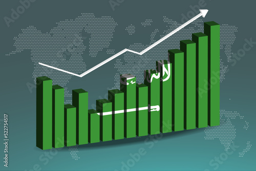 Saudi Arabia 3D bar chart graph with ups and downs, increasing values, upward rising arrow on data, news banner idea