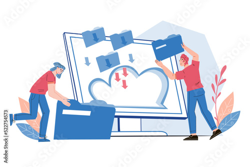 File manager and cloud computing data storage concept, flat vector illustration isolated on white background. Business people pack documents into folders for storage.