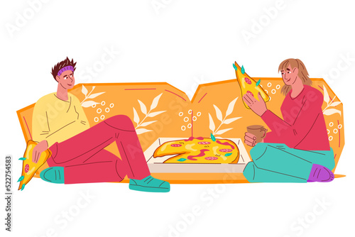 Young women or girlfriends eating pizza together while sitting on couch, flat vector illustration isolated on white background. Women enjoy fast food and takeaway service.