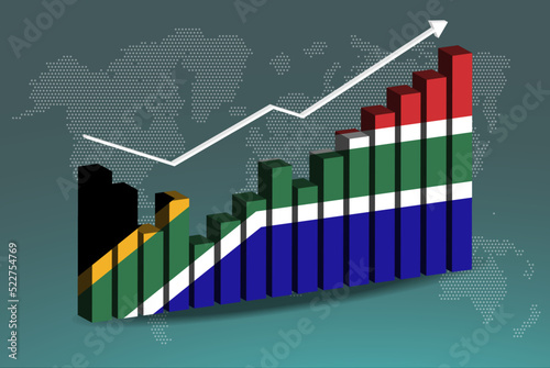 South Africa 3D bar chart graph with ups and downs, increasing values, upward rising arrow on data, news banner idea