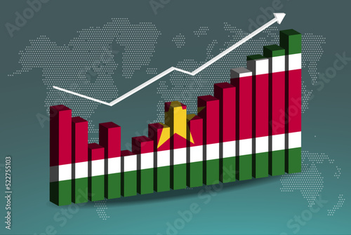 Suriname 3D bar chart graph with ups and downs, increasing values, upward rising arrow on data, news banner idea