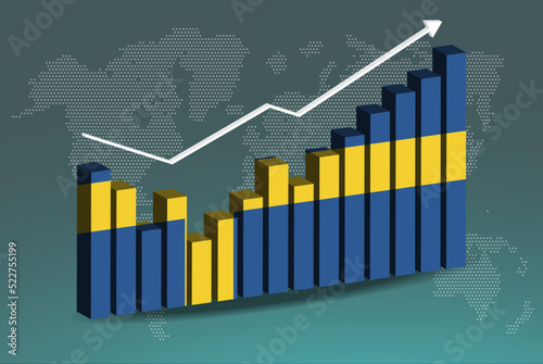 Sweden 3D bar chart graph with ups and downs, increasing values, upward rising arrow on data, news banner idea