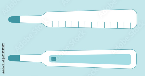 Medical thermometers for measuring temperature: electric thermometers, mercury thermometer. Medical icon set, medical equipment. Healthcare concept, flu, chills. Cartoon vector illustration isolated