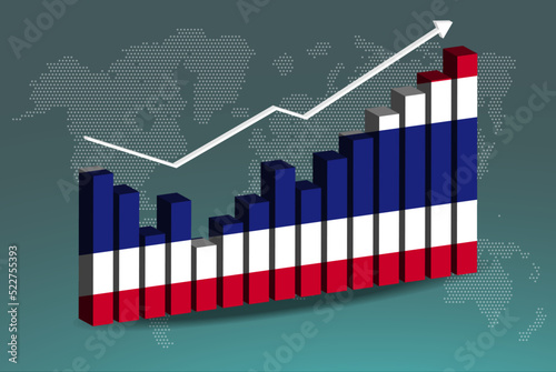 Thailand 3D bar chart graph with ups and downs, increasing values, upward rising arrow on data, news banner idea