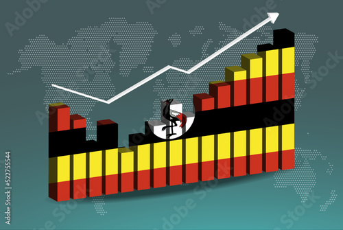 Uganda 3D bar chart graph with ups and downs, increasing values, upward rising arrow on data, news banner idea