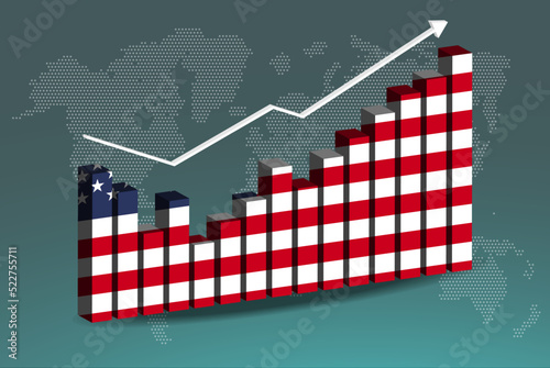 USA 3D bar chart graph with ups and downs, increasing values, upward rising arrow on data, news banner idea