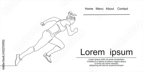 Continuous line drawing. Sport running woman on white background. Vector illustration. Can used for logo  emblem  slide show and banner. Illustration with quote template.