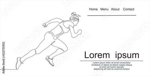 Continuous line drawing. Sport running woman on white background. Vector illustration. Can used for logo, emblem, slide show and banner. Illustration with quote template.