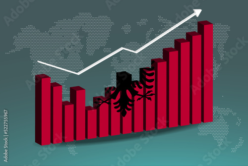 Albania 3D bar chart graph with ups and downs, increasing values, upward rising arrow on data, news banner idea