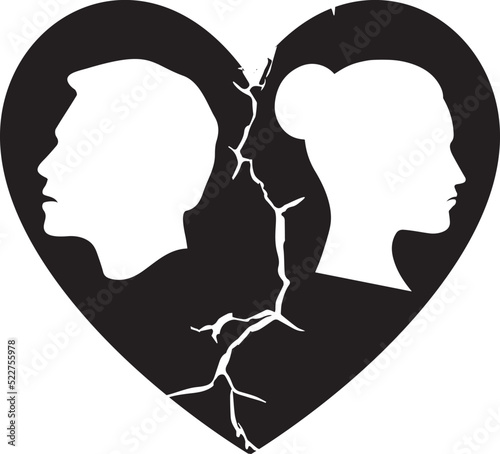 Two sad faces of male-female in broken heart, crack in relationship, mentally disturb the couple