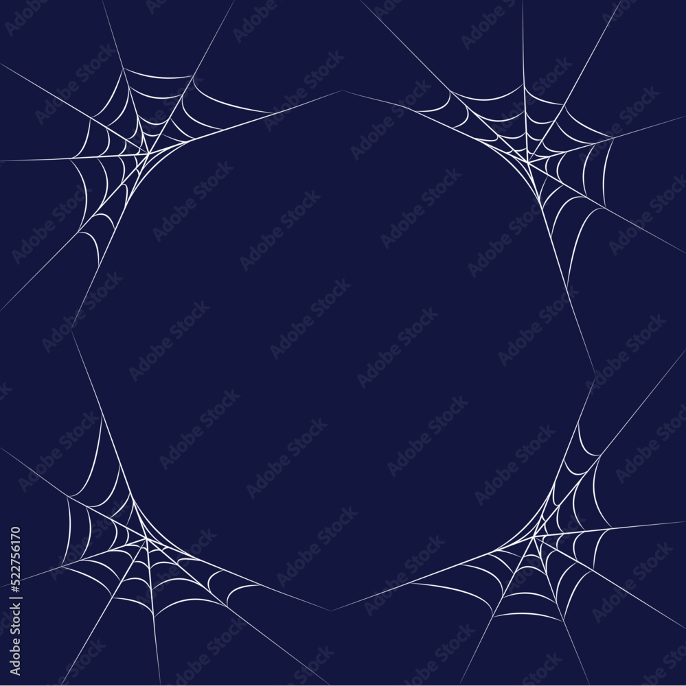 Dark blue Halloween poster with white line frame from spider web in corners. Trick or treat. Vector illustration