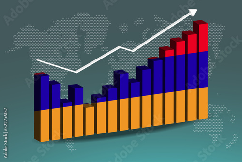 Armenia 3D bar chart graph with ups and downs, increasing values, upward rising arrow on data, news banner idea